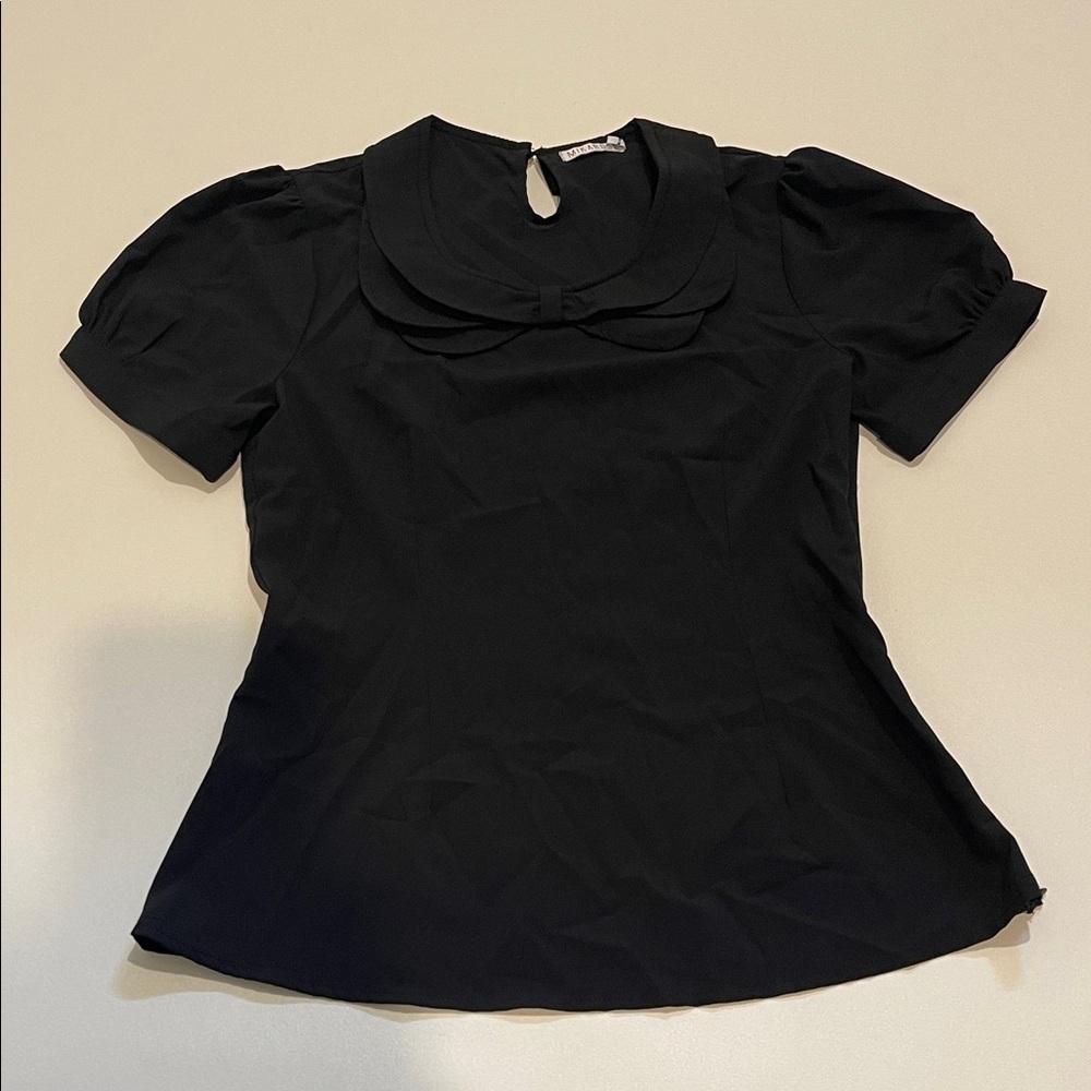 Mikarose Black Double-Layer Peter Pan Collar Short-Sleeve Blouse